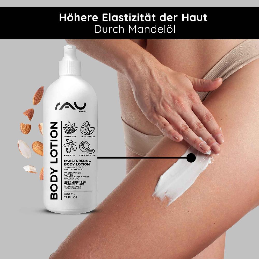 Rau Cosmetics White Tea Bodylotion für trockene Haut 500 ml mit Hyaluron Weißer Tee Urea Auslauf