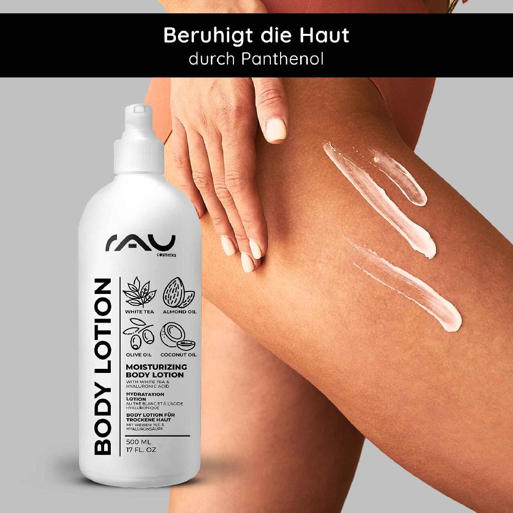 Rau Cosmetics White Tea Bodylotion für trockene Haut 500 ml mit Hyaluron Weißer Tee Urea Auslauf