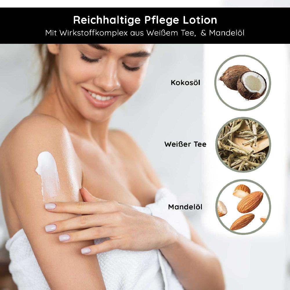 Rau Cosmetics White Tea Bodylotion für trockene Haut 500 ml mit Hyaluron Weißer Tee Urea Auslauf